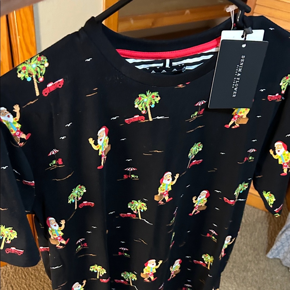 Denim & Flower Black T-Shirt with Festive Print